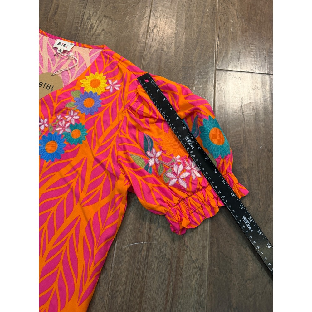NWT BIBI Womens Orange Pink Leaf Print Embroidered Puff Sleeve V-Neck Blouse M - Picture 5 of 6